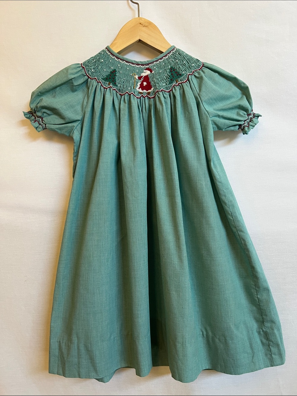 Vintage Smocked Green Mini Houndstooth Girls' Holiday Dress with Puff Sleeves